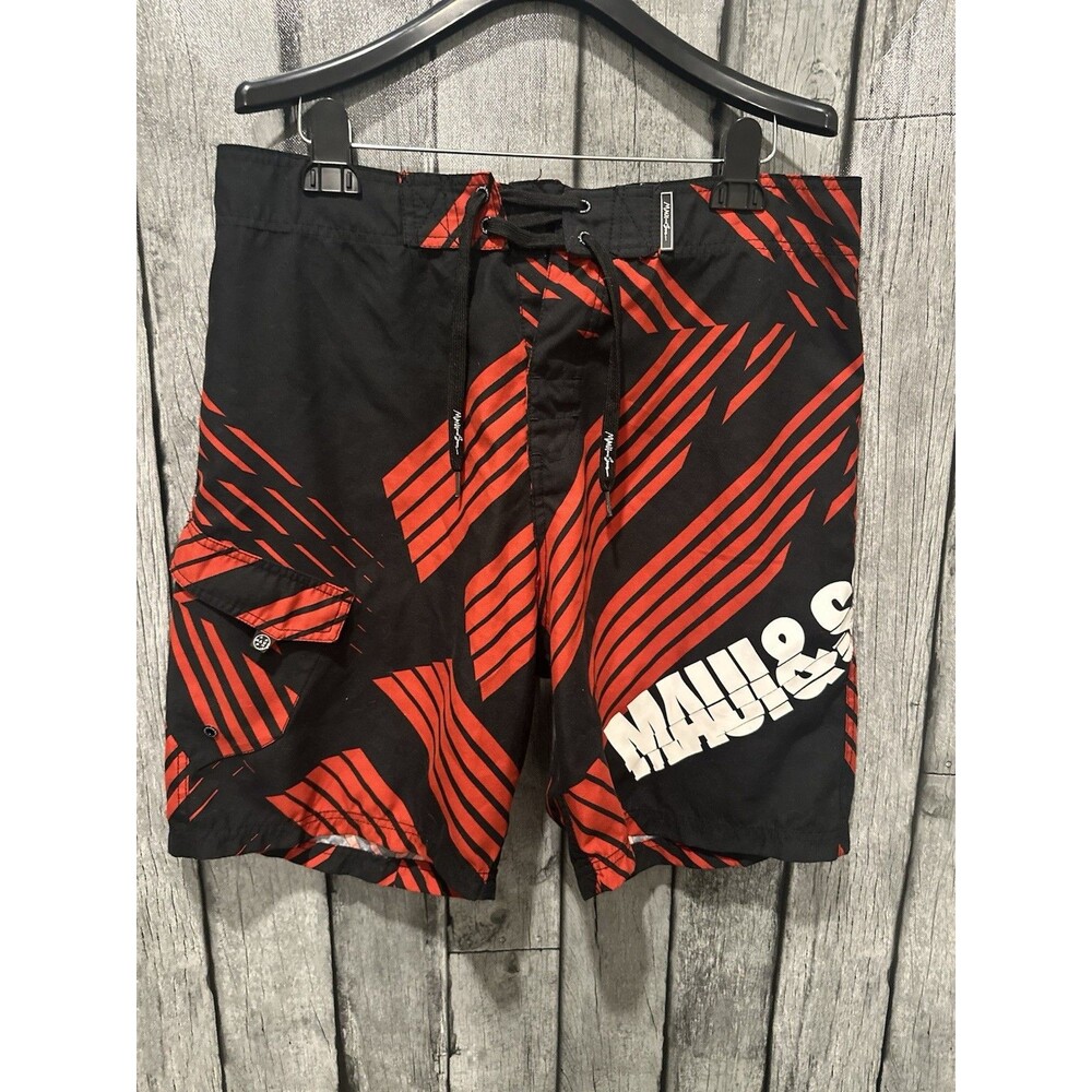 MAUI AND SONS BOARD SHORTS MENS SIZE 34 BLACK RED PATTERN PREOWNED